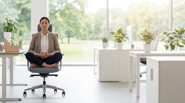 person meditating in calm workspace with plants and natural light
